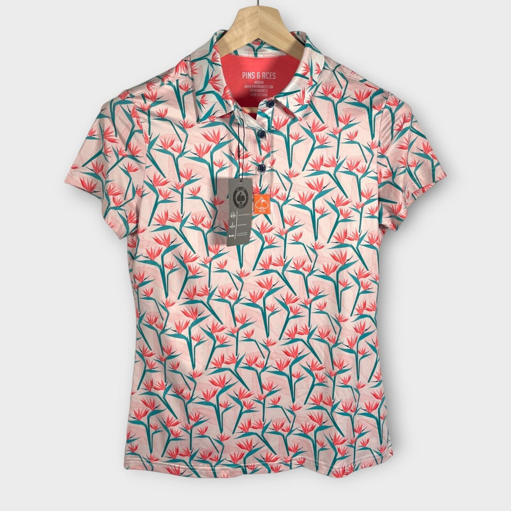 Pins & Aces Polo Top Women's MEDIUM Bird of Paradise Golf Tennis Breathable NWT